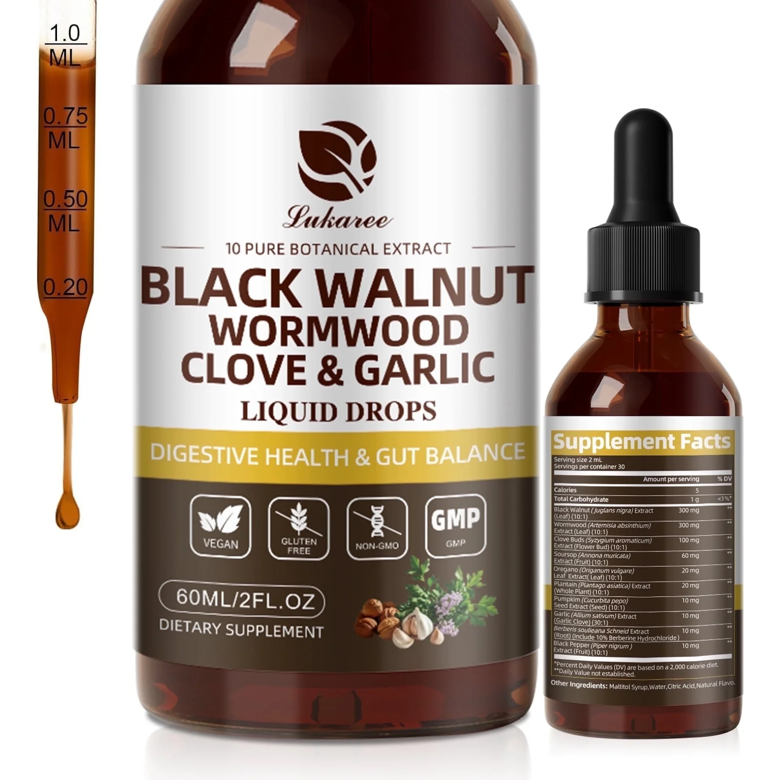 Black Walnut Wormwood Tincture with Oregano Garlic & Berberine for Rapid Gut Cleanse & Digestive Health (98% Absorption)